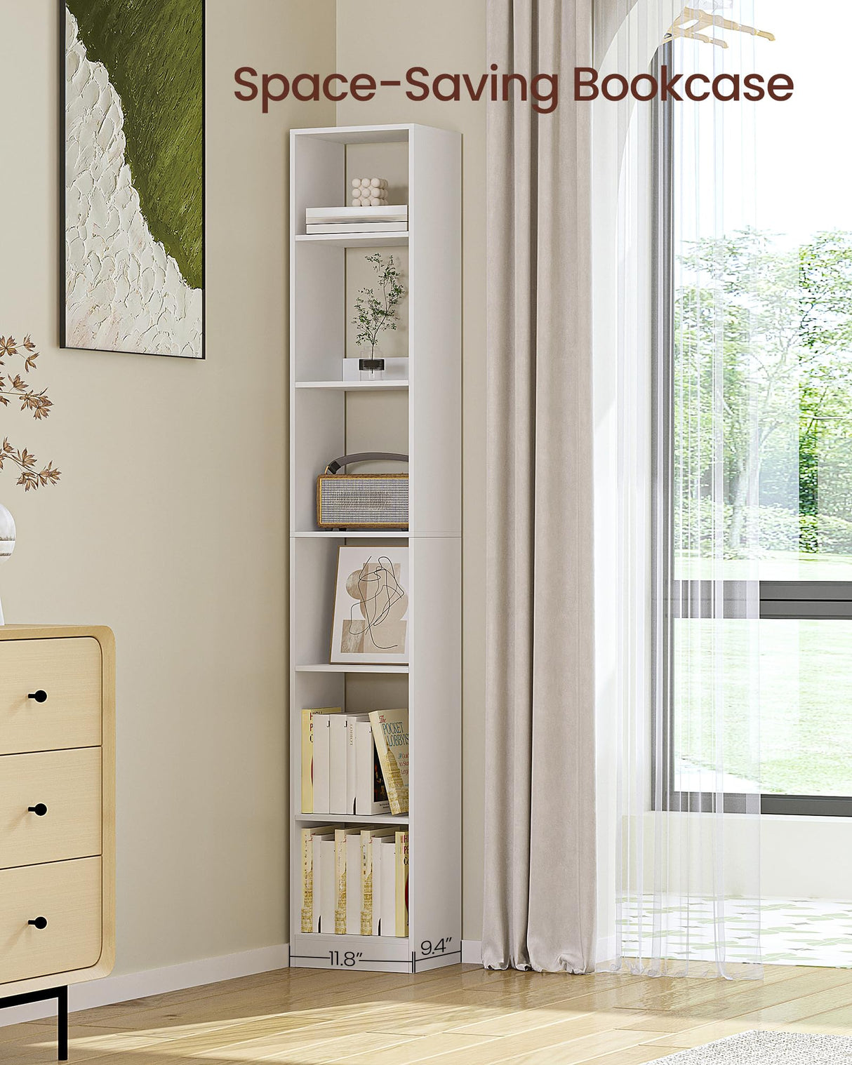 Hzuaneri Bookcase, Tall Narrow Bookshelf, Open Display Storage Shelf, Skinny Cube Book Shelf with Adjustable Shelves, CD Rack for Living Room, Home Office, Bedroom, 6 Tiers, White BC09603X Hzuaneri