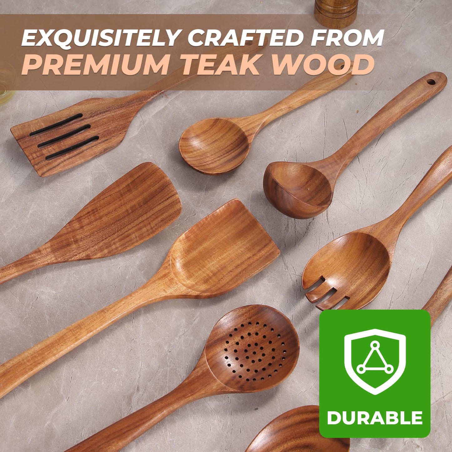 AIUHI Teak Wood Kitchen Utensil Set, 9-Piece Wooden Spoons for Cooking, Wooden Spoons Spatula for Cooking-Non-stick, Durable & Heat Resistant - WoodArtSupply