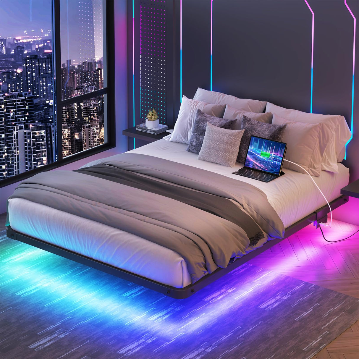 YGEOMER Full Size Floating Bed Frame with Charging Station, Modern Metal Platform Bed Frame with LED Light, Easy Assembly, Black YGEOMER