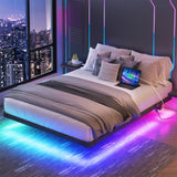 YGEOMER Full Size Floating Bed Frame with Charging Station, Modern Metal Platform Bed Frame with LED Light, Easy Assembly, Black YGEOMER