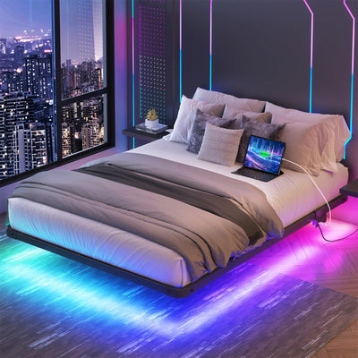 YGEOMER Full Size Floating Bed Frame with Charging Station, Modern Metal Platform Bed Frame with LED Light, Easy Assembly, Black