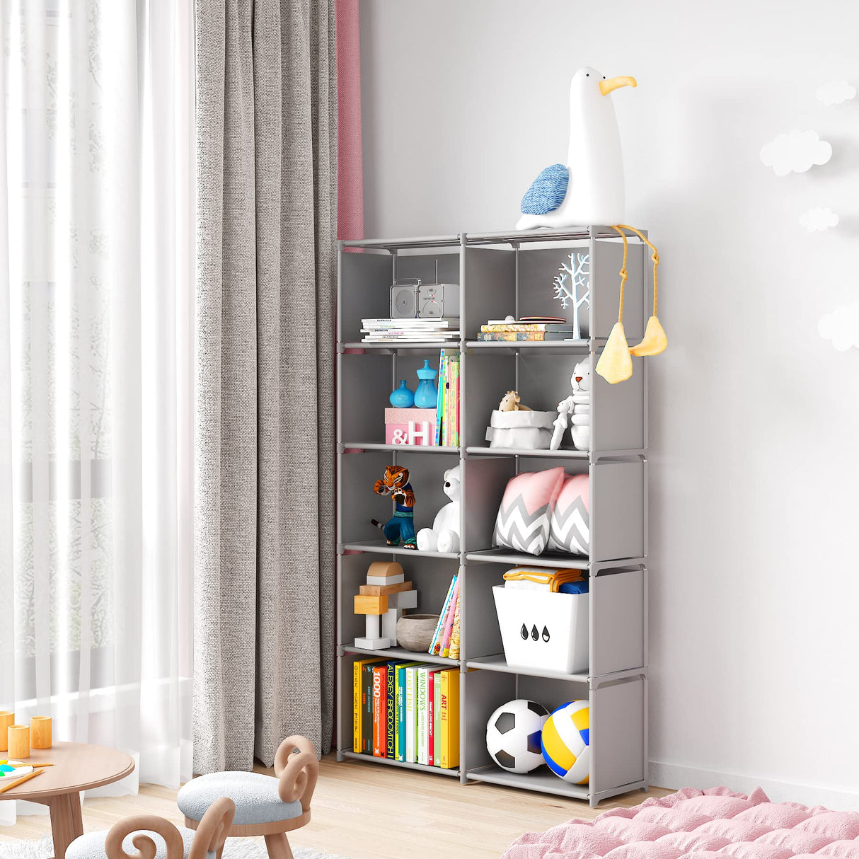 MOYIPIN Bookshelves, Assembled Storage Rack, Bedroom Living Room Vertical Cabinet Bookshelf, Double Row 10-Grid Multi-Functional Storage Equipment (Grey) MOYIPIN