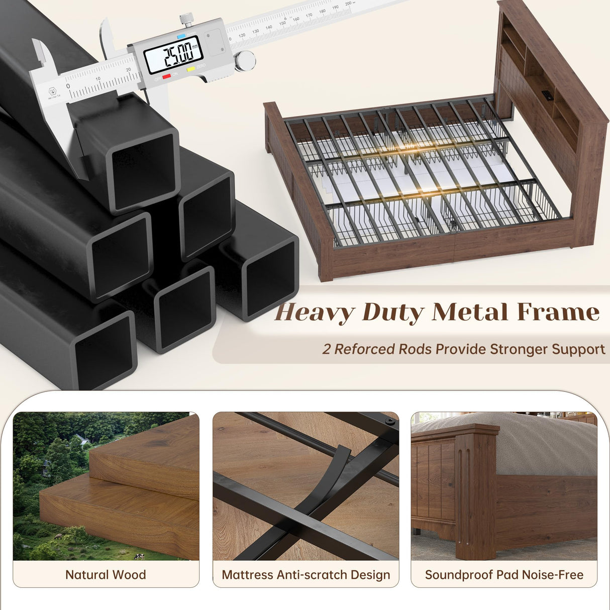 EnHomee King Size Bed Frame and Headboard & Storage, 4 Drawers & LED & USB King Bed Frame with Storage Farmhouse, Built in Charging Station,NO Noise,No Box Spring Needed,Brown EnHomee