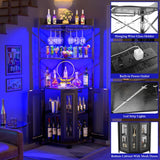 Aheaplus Corner Bar Cabinet with Power Outlet, Industrial Wine Cabinet with LED Strip and Glass Holder, 5-Tiers Liquor Cabinet Bar Unit for Home, Corner Display Cabinet for Small Space, Black Aheaplus
