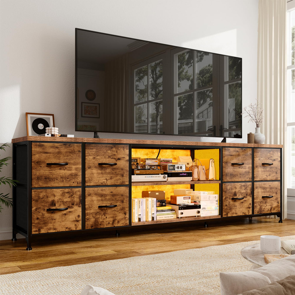 EnHomee 62.3" W Dresser for Bedroom,75" TV Stand Dresser with Charging Station and LED Lights,Entertainment Center with 8 Drawers Dresser,Long Fabric Dresser for Bedroom,Entry Way,Rustic Brown EnHomee