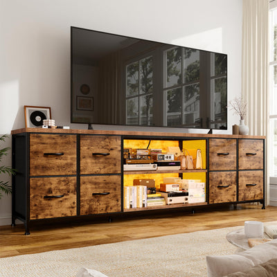 EnHomee 62.3" W Dresser for Bedroom,75" TV Stand Dresser with Charging Station and LED Lights,Entertainment Center with 8 Drawers Dresser,Long Fabric Dresser for Bedroom,Entry Way,Rustic Brown