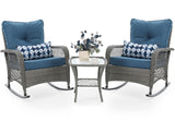 UDPATIO 3 Piece Patio Set Rocking, Rattan Outdoor Rocking Patio Bistro Set with 2 Rockers and 1 Side Table with 4‘’ Thick Cushions for Backyard, Porch, Balcony, Poolside(Blue) UDPATIO
