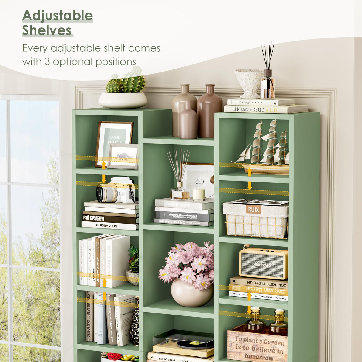 FOTOSOK 71’’ Tall Bookshelf, Triple Wide Bookshelf with Adjustable Shelves, 8 Tier Media CD DVD Storage Tower Rack, Diaplay Cabinet Shelf, Cube Storage Organizer Shelf for Home Office, Green FOTOSOK