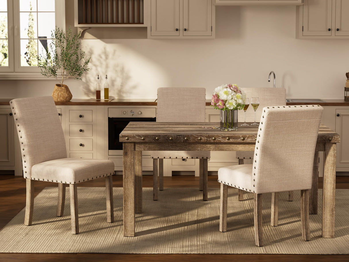 Morden Fort Rustic Dining Table Set for 6, Farmhouse Kitchen Dining Chairs for 6, Charming 60" Rectangular Wooden Table&6 Upholstered Chair with Nailhead Accents for Dining Hub,Breakfast Nook Morden Fort
