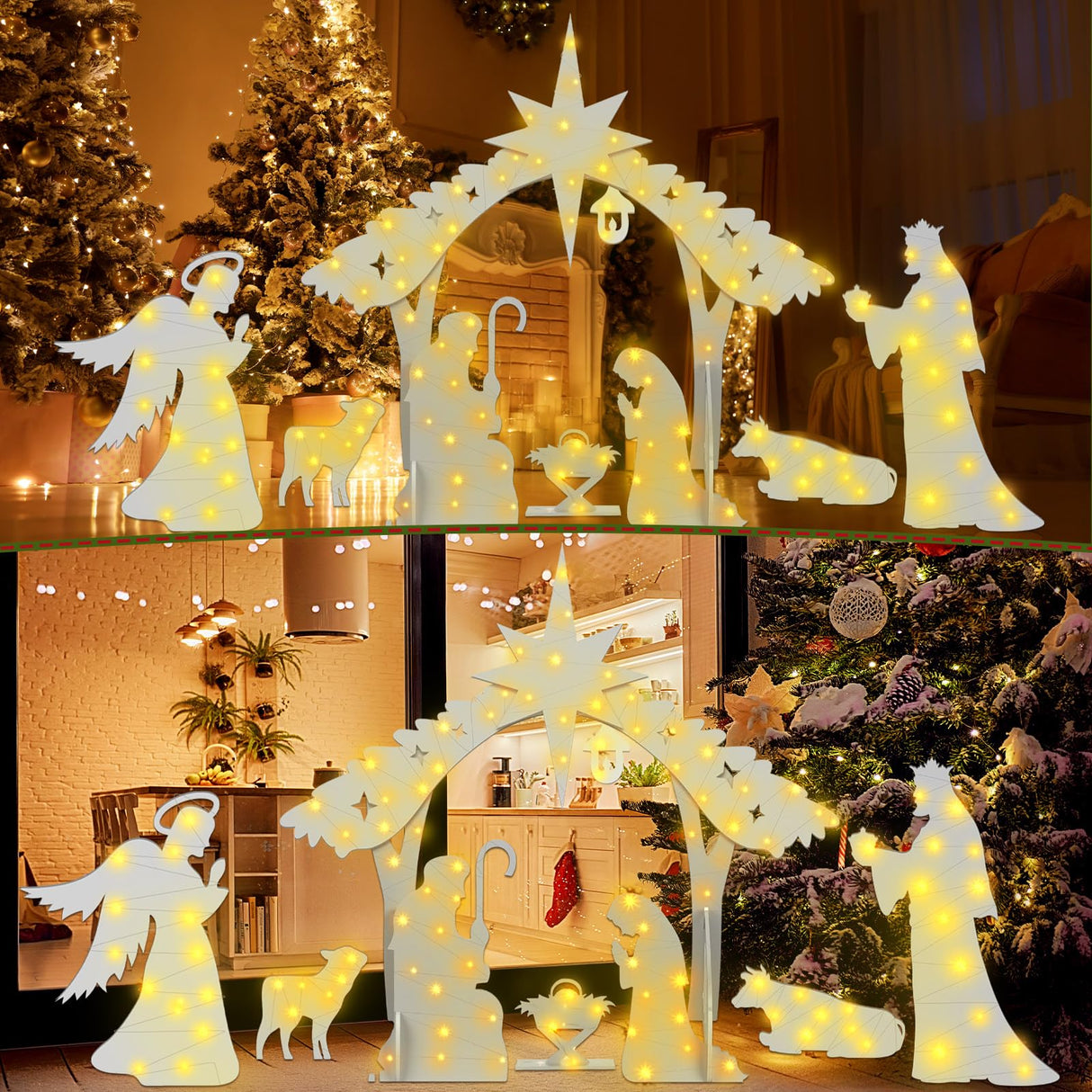 Soaoo Outdoor White Nativity Scene with 2 String Lights Silhouette Yard Sign Display Water Resistant PVC Large Holy Family Yard Nativity Scene Christmas Decor for Xmas Front Lawn Soaoo