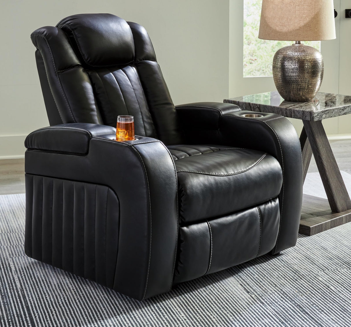 Signature Design by Ashley Caveman Den Modern Faux Leather Wall Hugger Power Recliner with Adjustable Headrest, Storage, Wireless, USB Ports and LED Lights, Black Signature Design by Ashley
