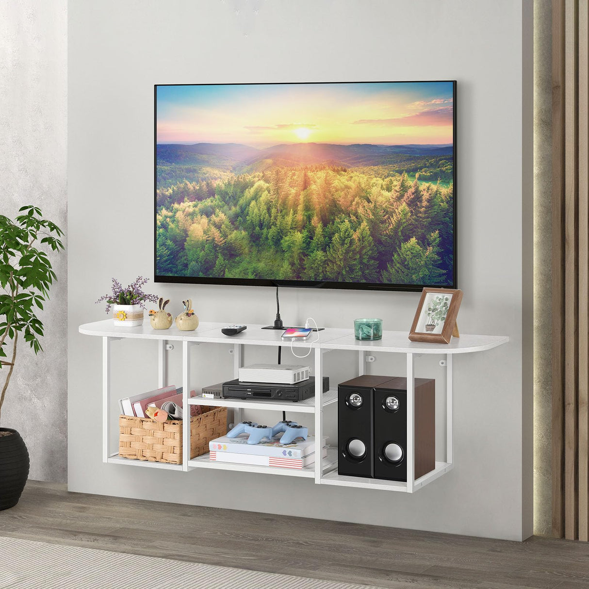 BTY Floating TV Stand with Power Outlet Wall Mounted Entertainment Center for Under TV Storage, White TV Console for 50 Inch TV, for Living Room, Bedroom BTY