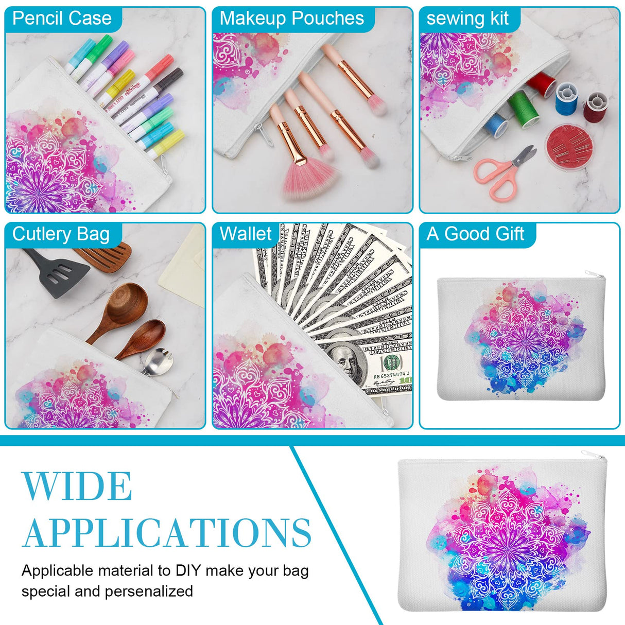 Frienda 50 Pieces Sublimation Blank Canvas Makeup Bags Bulk Blank DIY Heat Transfer Cosmetic Makeup Bags Canvas Pen Case Pencil Bags Clear Sublimation Blank Pouch with Zipper (White,9 x 6.89 Inch) Frienda