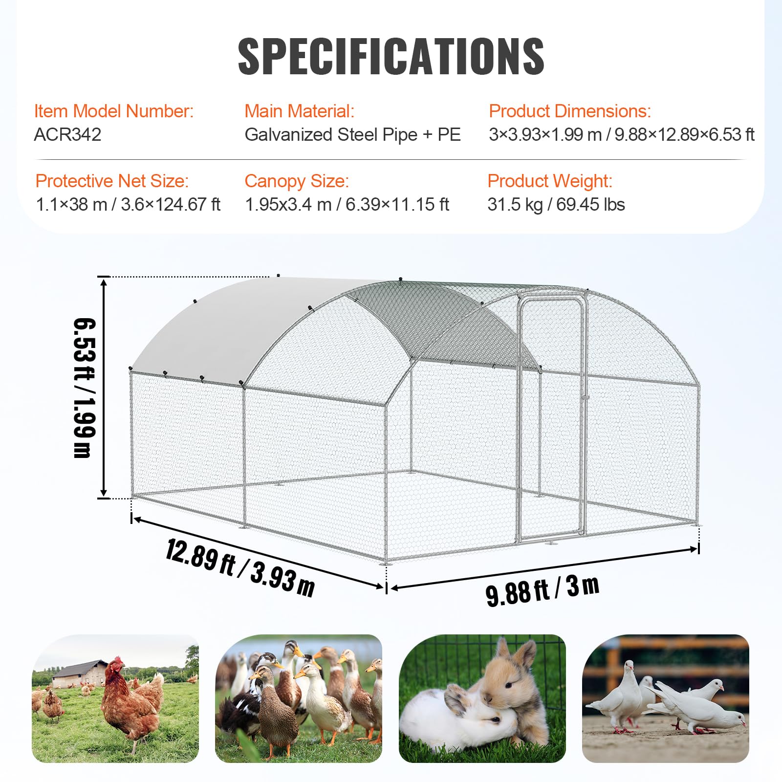 VEVOR Large Metal Chicken Coop with Run, Walkin Poultry Cage for Yard with Waterproof Cover, 13.1 x 9.8 x 6.4 ft Peaked Hen House, Duck and Rabbit, Silver, Spire Roof - WoodArtSupply