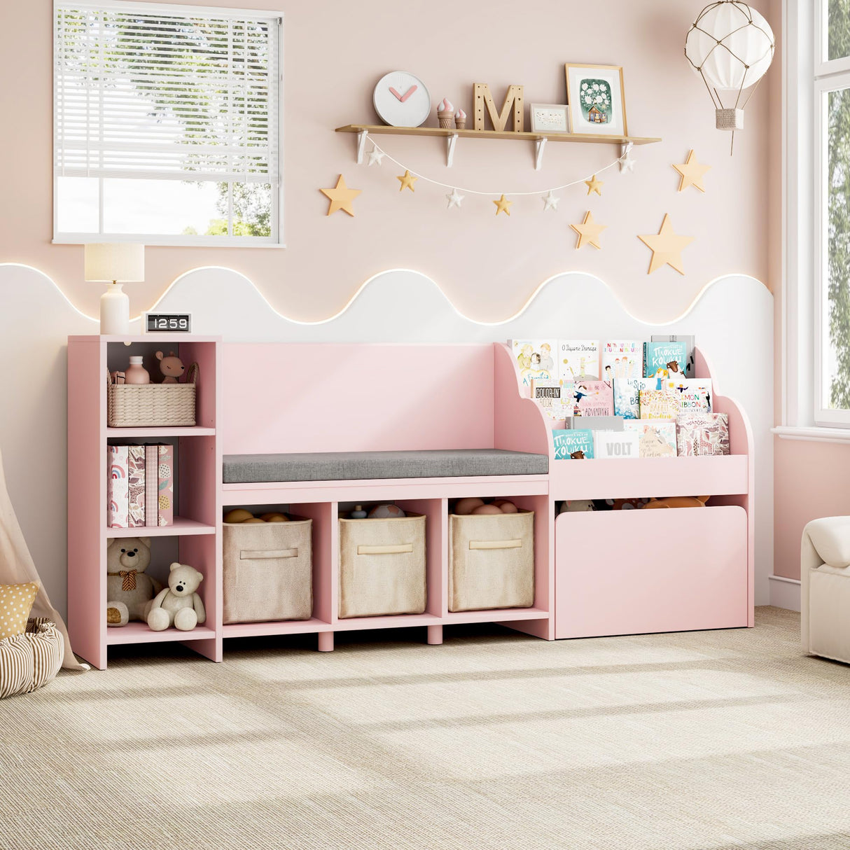 HOSTACK 67" Pink Kids Reading Nook with Bench, Bookshelf, Cushioned Seat & 6 Storage Cubbies HOSTACK