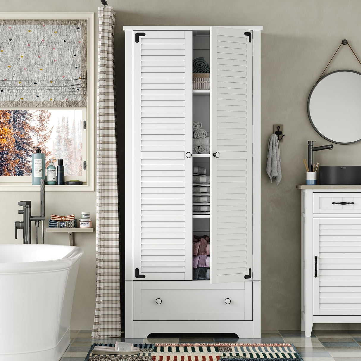 Furnihold 71" Tall Kitchen Pantry with Louver Doors, Wooden Food Pantry Storage Cabinet, Cupboard Buffet Cabinet for Kitchen Dining Living Room Furnihold