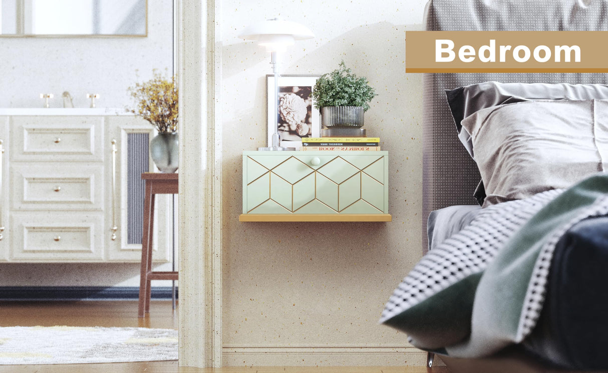 HLR Floating Nightstand, Wall Mounted Nightstand with Removable Door, Floating Shelves for Wall, Bedroom, Bathroom, Green HLR
