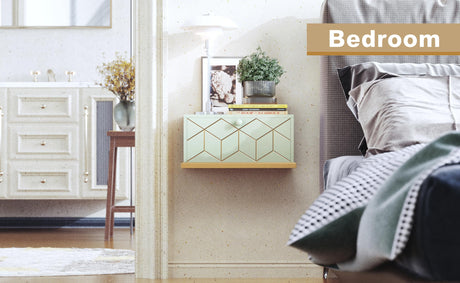 HLR Floating Nightstand, Wall Mounted Nightstand with Removable Door, Floating Shelves for Wall, Bedroom, Bathroom, Green HLR