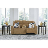 Signature Design by Ashley Kanlow Contemporary Manual Double Reclining Loveseat with Console, Storage, Cup Holders and 2 Accent Pillows, Light Brown Signature Design by Ashley