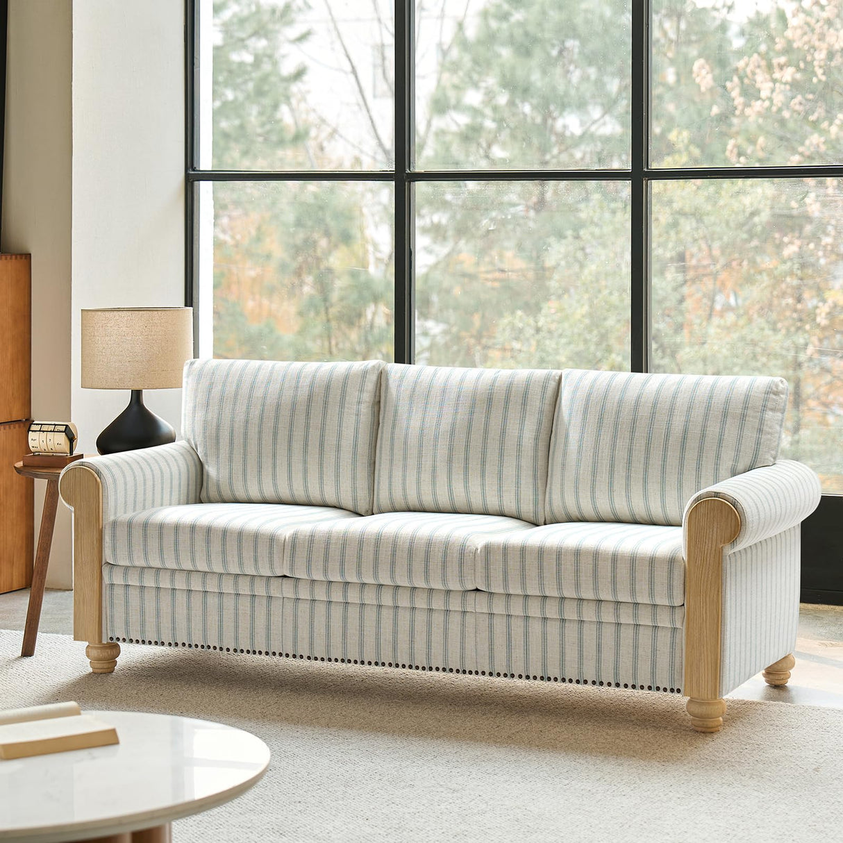 HULALA HOME 81" Farmhouse Couch with Stripe Pattern, 3 Seater Sofa with Solid Wood Legs and Rolled Wide Armrests, Comfy Upholstered Sofa with Nailhead Trims, FSC Certified, Blue HULALA HOME