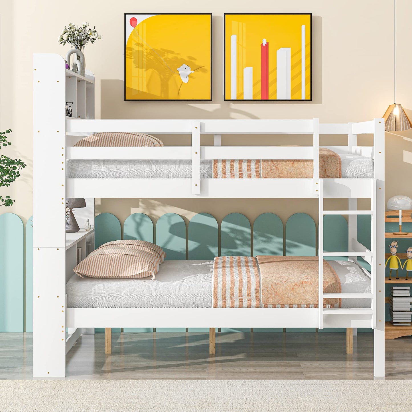 Harper & Bright Designs Full Over Full Bunk Bed with Bookcase Headboard and Storage in White - WoodArtSupply