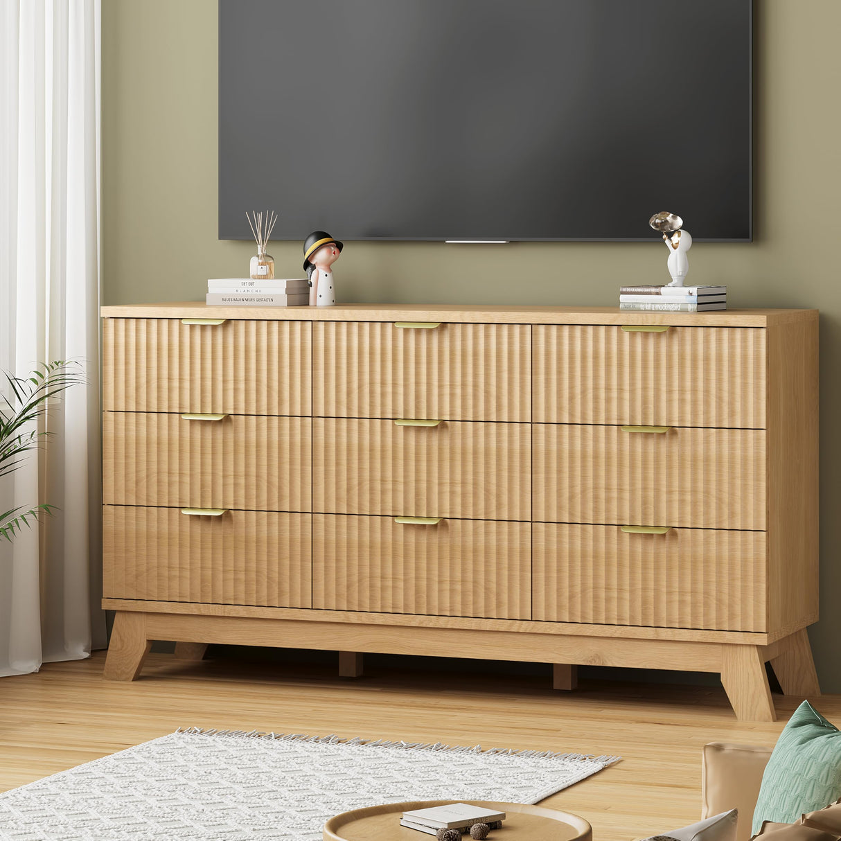 Fluted Dresser for Bedroom with 9 Drawers, 57" Wide Modern Chest of Drawers with Metal Handle, Wooden Dresser TV Stand, Wood Closet Clothes Storage Organizer for Living Room, Hallway, Natural Oak Xixini