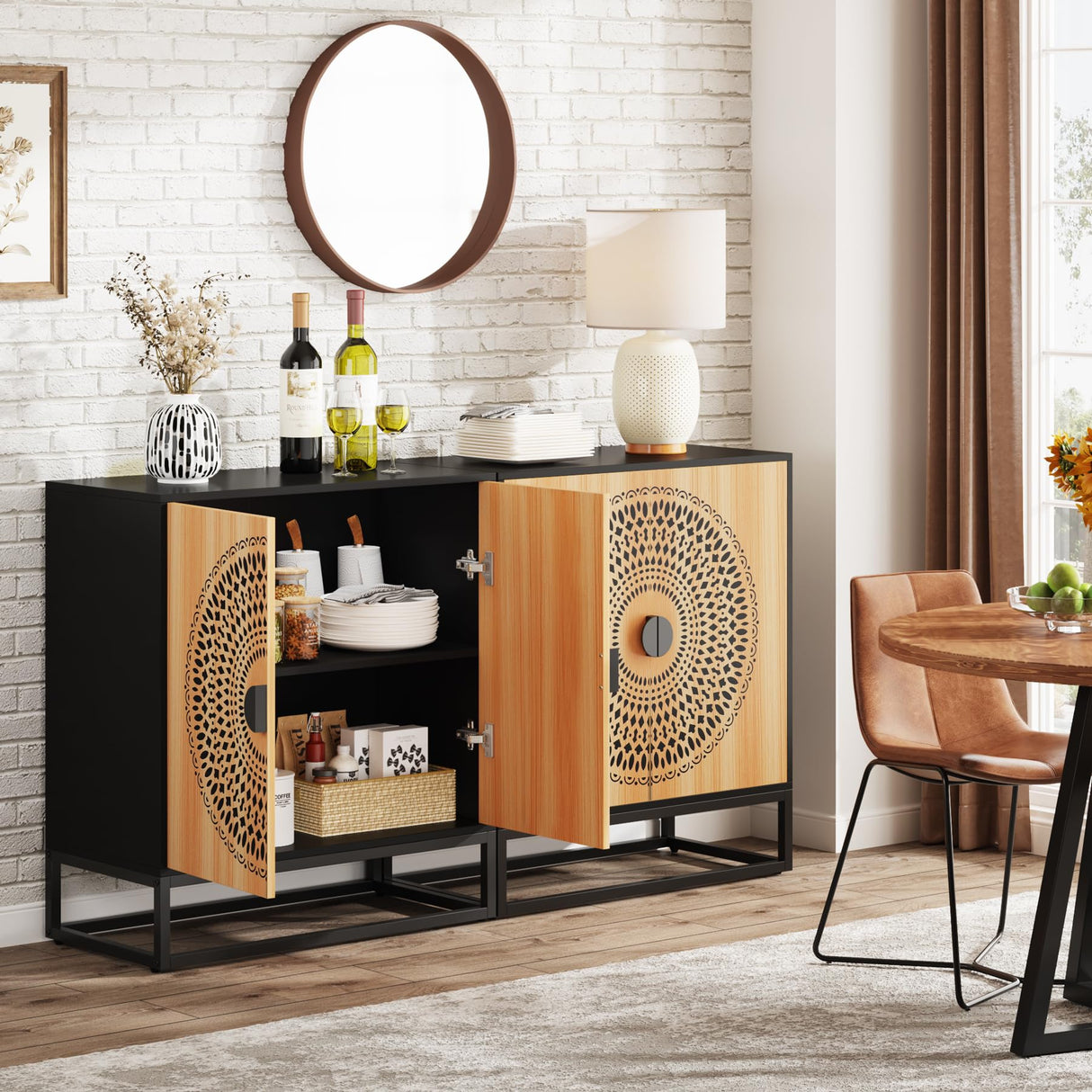 Tribesigns Sideboard Buffet Cabinet, 55 Inch Modern Kitchen Storage Cabinet with 4 Doors & Shelves, Credenzas Accent Console Cabinet for Living Room, Dining Room, Entryway, Black & Brown Tribesigns