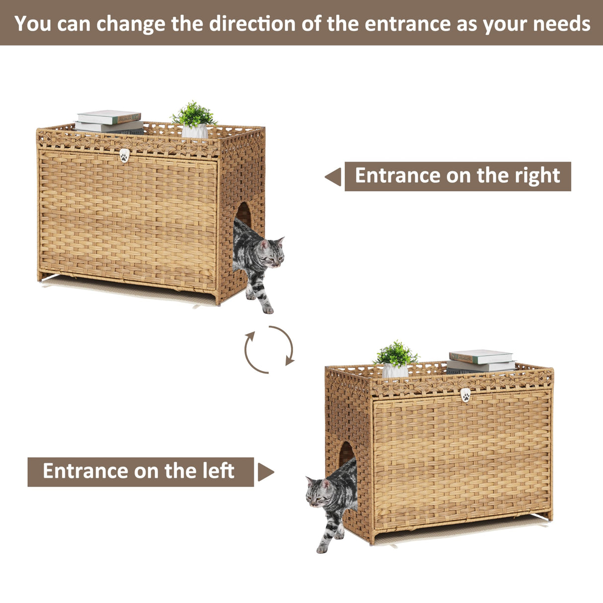 Cat Litter Box Enclosure with Soft Litter Mat; Hidden Cat Washroom Furniture with Door; Handwoven Rattan Cat House with Large Space; Pet Crate for Living Room, Bedroom, Balcony (Natural) Honiakaka