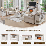 OKD Farmhouse Fireplace TV Stand for 70 Inch TV, 34" Tall Highboy Entertainment Center w/Electric Fireplace, Rustic Media Console w/Sliding Arched Door for Living Room,Antique White OKD