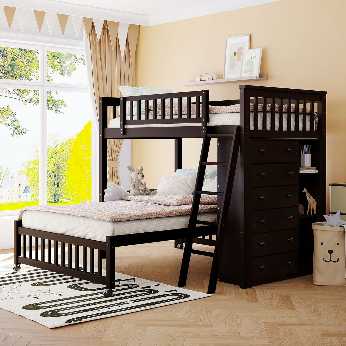 Harper & Bright Designs Twin Over Full Bunk Bed with Storage and Removable Lower Bed in Espresso Harper & Bright Designs