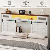 YITAHOME King Size Bed Frame Farmhouse with 49.14" Tall Storage Headboard, Charging Station & Led Light, Sliding Barn Door, Wooden Platform Bed Frame, Metal Slats Support, No Box Spring Needed, White YITAHOME