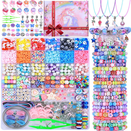 AIPRIDY 3200 Pcs Unicorn Jewelry Activity Kit,Clay Beads Bracelet Making Kit,Flat College Style Beading for Friendship Jewelry Making,Crystal Time Gem Ring Gifts,DIY Crafts for Teen Girls(Pink) AIPRIDY