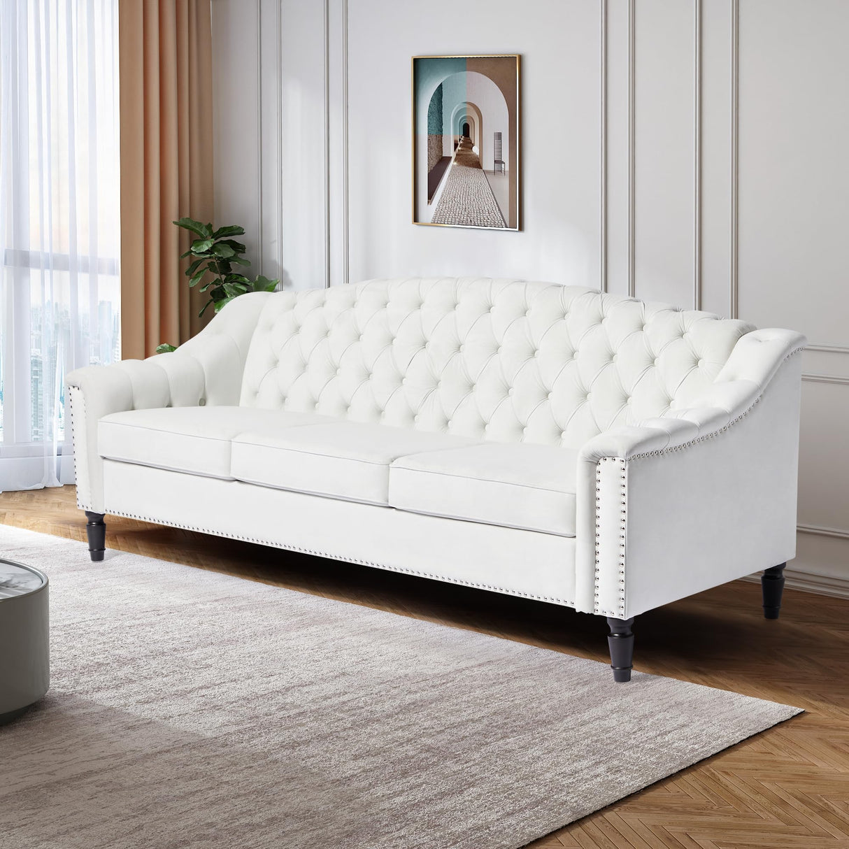 LEVNARY Mid-Century Modern Velvet Sofa, 80" Large Upholstered Sofa with High Back, Chesterfield Couch Sleeper Settee with Solid Wood Legs, Tufted 3 Seater Wide Couches for Living Room Office (White) LEVNARY