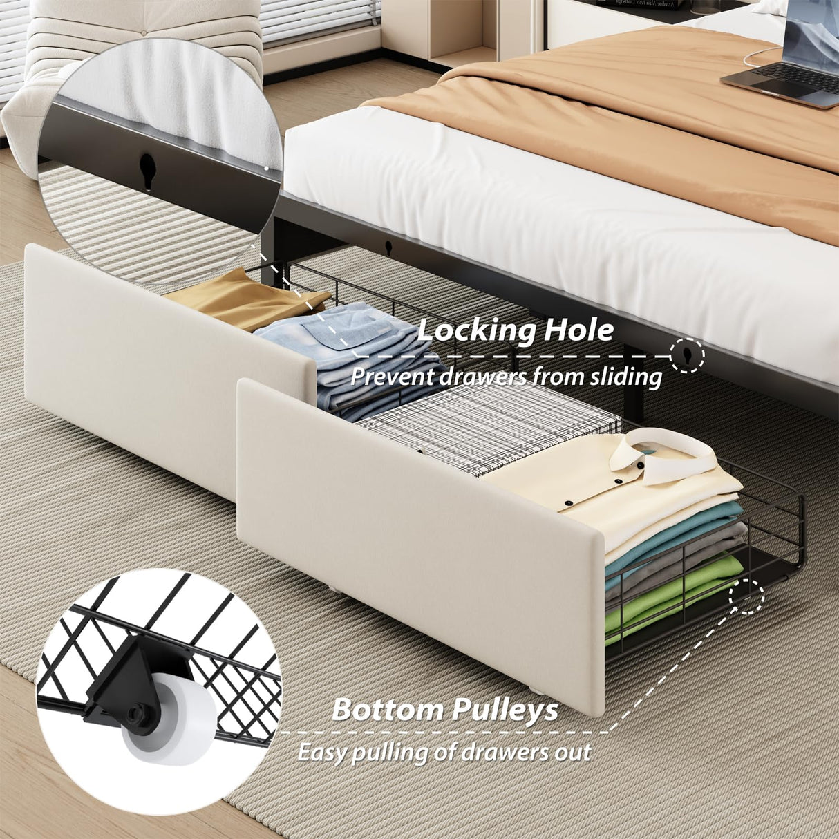 Etditrnp Full Bed Frame with Storage Drawers, LED Bed Frame with Charging Station, Velvet Button Tufted Upholstered Headboard, Wood Slats Support Noise-Free, No Box Spring Needed, Beige Etditrnp