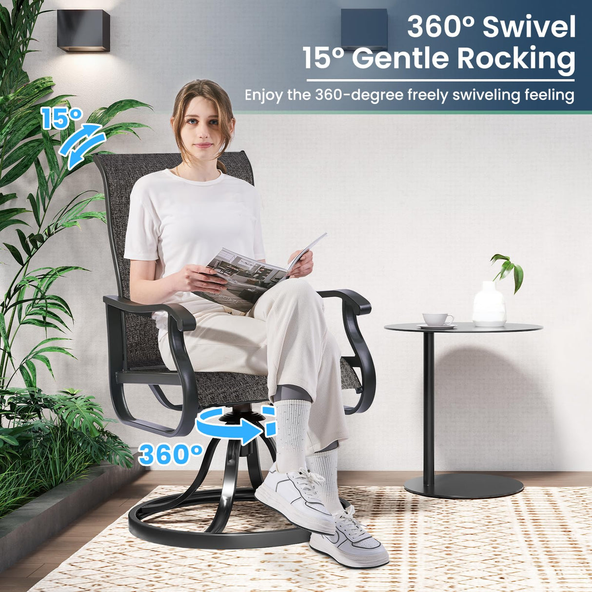 Amopatio 5 Pcs Patio Swivel Chairs and 44" Glass Top Propane Gas Fire Pit Table, All Weather Breathable Outdoor Furniture Set for Backyard Deck Lawn Garden, Dark Grey Amopatio