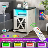 Livofloral Farmhouse End Tables with Charging Station, LED Nightstand with Power Outlets, Bedside Table with Charger Station, White Side Table for Living Room with Storage & Barn Door Livofloral