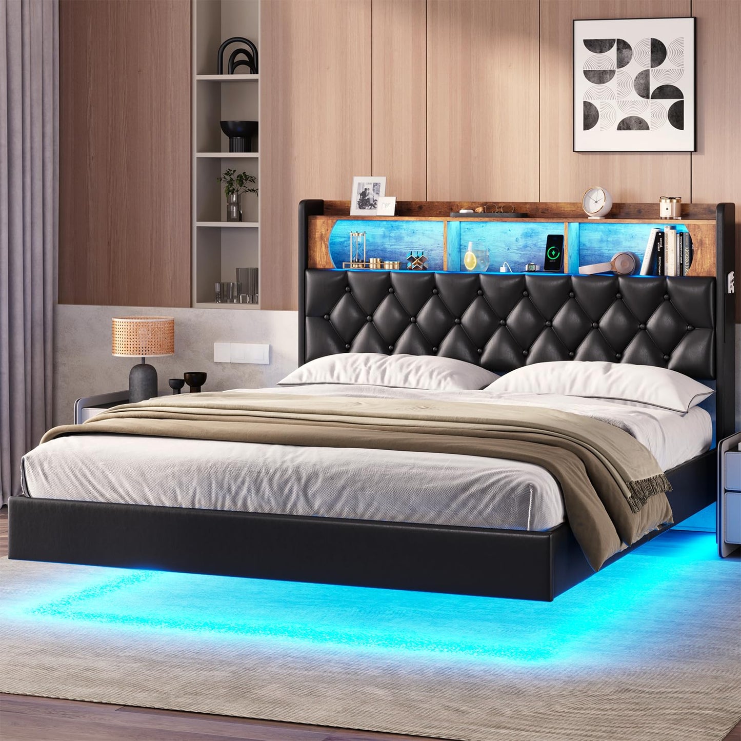 BTHFST Queen Size Floating Bed Frame with LED Lighting, Charging Station & Storage Headboard in Black - WoodArtSupply