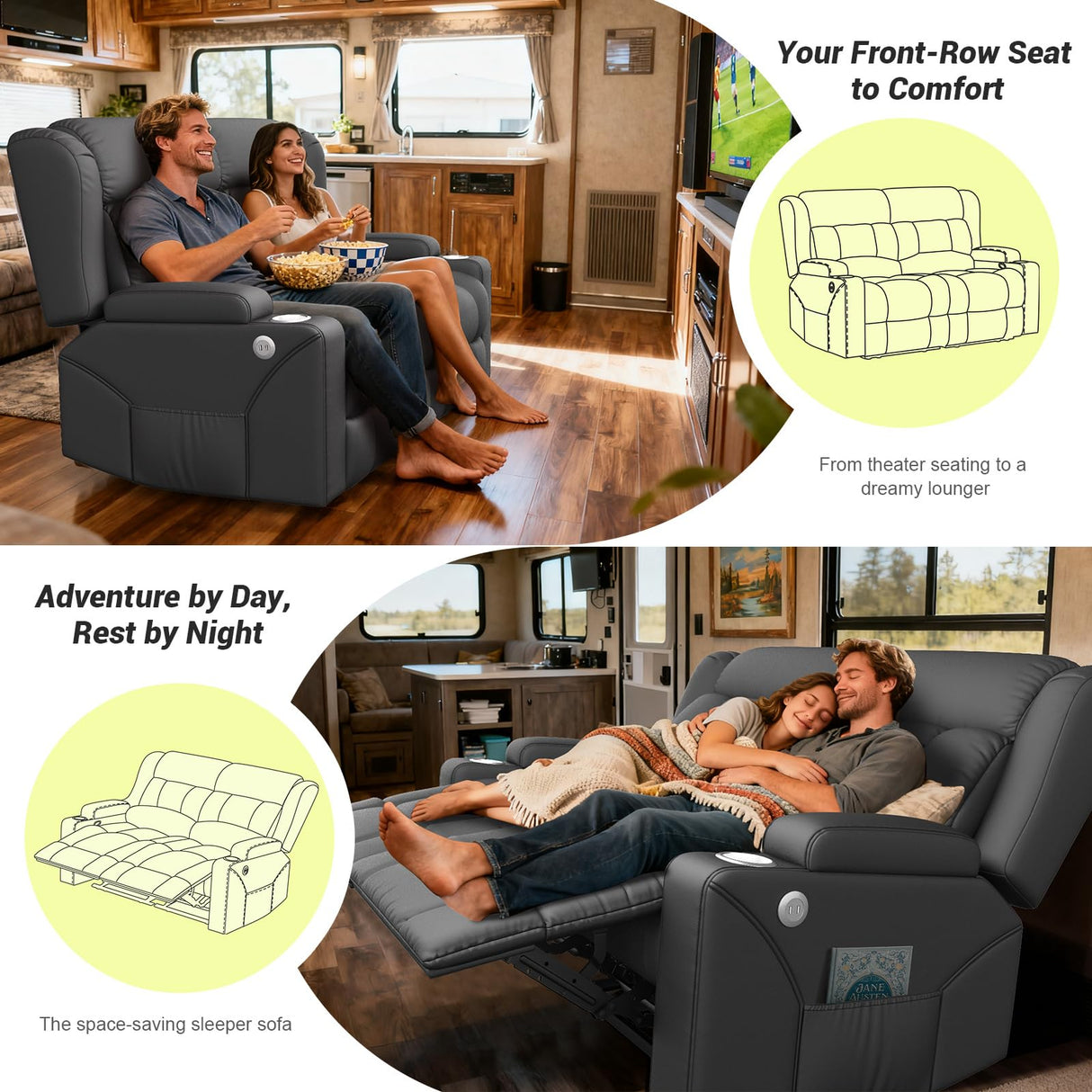 MOSGAT RV Loveseat Recliner Sofa, Reclining Loveseat Home Theater Seating with USB Ports, Cup Holders, Insert Pockets, Wall Hugger RV Recliners for Movie Room, Recline Movie Seats Gaming Sofa, Gray MOSGAT