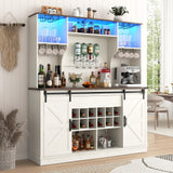 Farmhouse Coffee Bar Cabinet with LED Light, Charging Station & Sliding Barn Doors - 63"W x 71"H Large Wine Rack, Built-in Liquor Dispenser, Glass/Mug Holders for Kitchen, Living Room, Hallway chartustriable