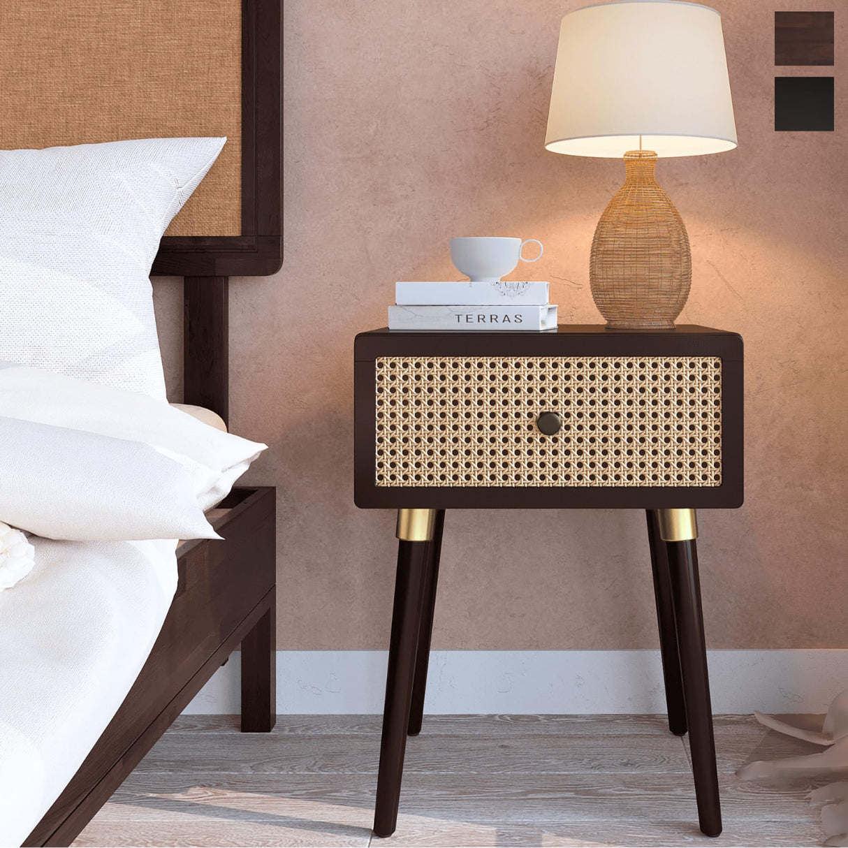 Bme Nipe Solid Wood and Rattan Boho Nightstand with Drawer, Walnut Finish Bme