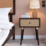 Bme Nipe Solid Wood and Rattan Boho Nightstand with Drawer, Walnut Finish Bme