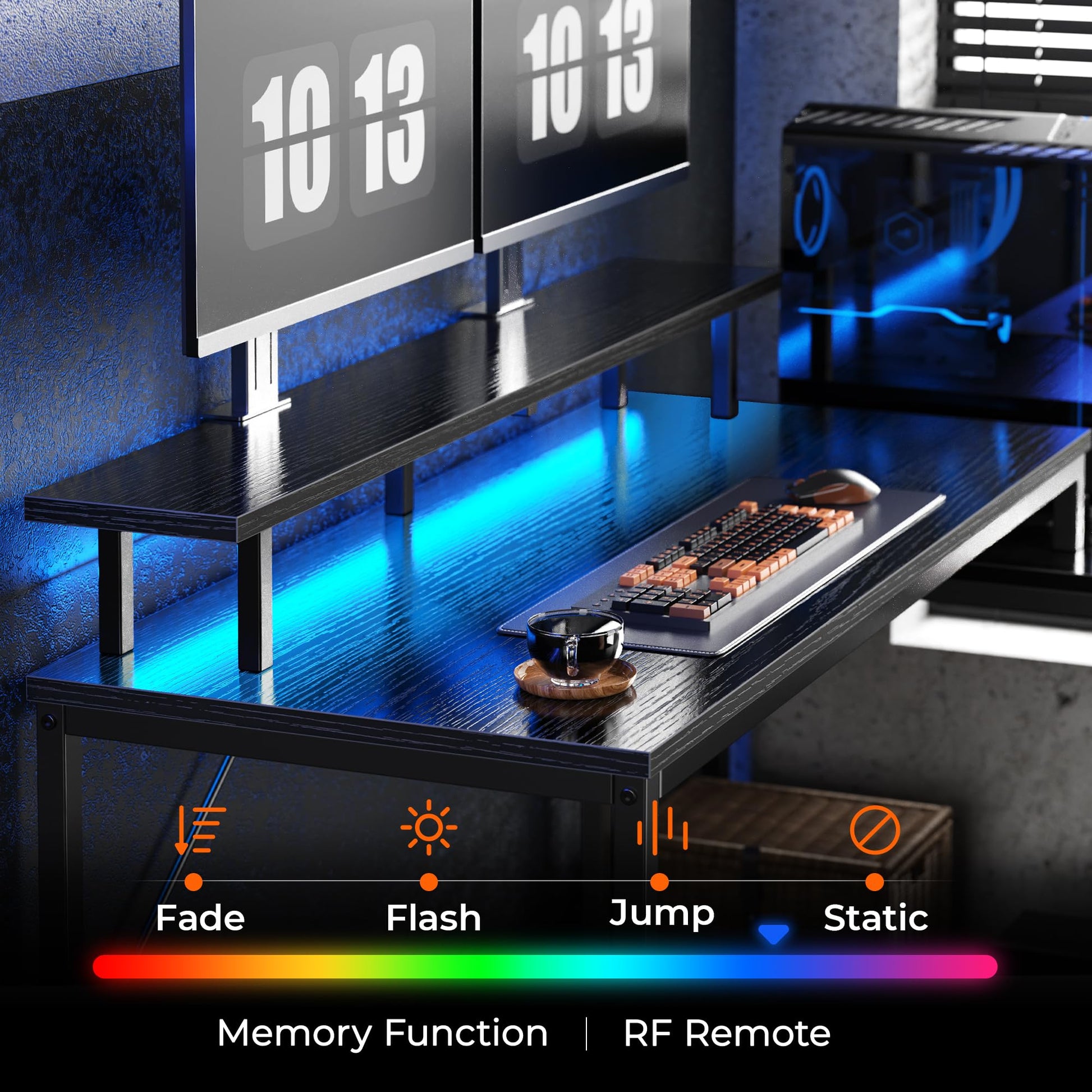 Huuger Reversible L-Shaped Gaming and Office Desk with LED Lighting, Power Outlets, and Drawers in Black - WoodArtSupply