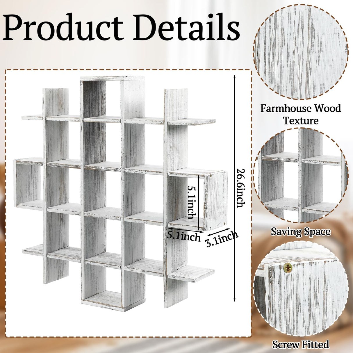 Suzile Oversize Coffee Mug Display Rack Wooden Display Shelves Rustic Wooden Floating Curio Shelf Travel Wall Mounted Coffee Mug Rack Holder Shadow Box Shelf (5.1x5.1x3in,Farmhouse White) Suzile