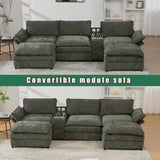 JUSTONE 124" U-Shaped Modular Sectional Sofa with Storage & Charging Station | 2 Movable Ottomans, Bluetooth Speakers, Cup Holders | Recliner Function, Convertible Design, Green Chenille Fabric JUSTONE
