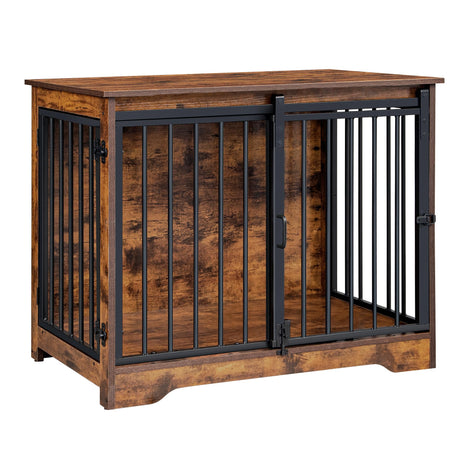 Hzuaneri Dog Crate Furniture, 32" Double Door Dog Crate with Barn Door, Dog Kennel Indoor, End Side Table Wooden Dog Crate for Small Medium Large Dog, Anti-Chew Anti-Escape, Rustic Brown DFC83601B Hzuaneri