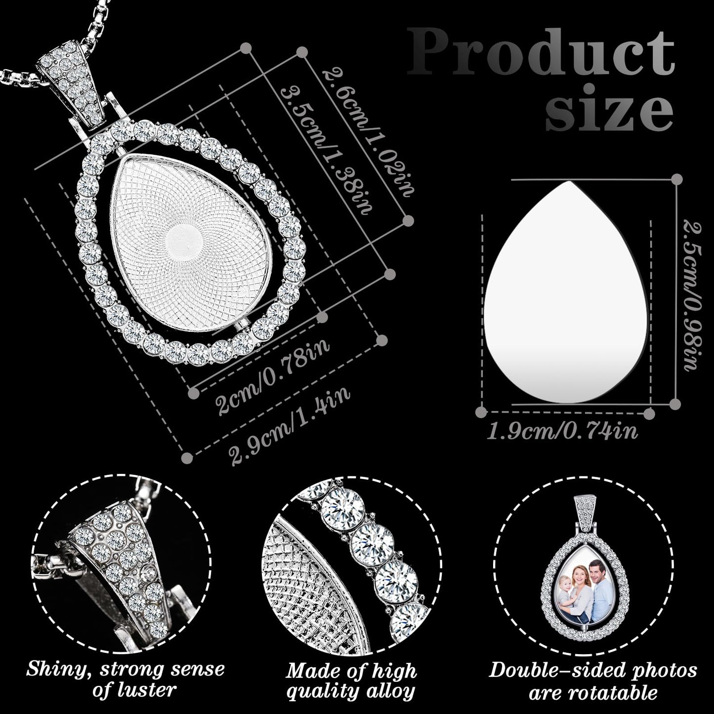 Junkin 24 Pcs Sublimation Rhinestone Trays Pendant Set, Including 6 Double Sided Blank Rhinestone Bezel Trays, 6 Pcs Thick Chains with 12 Sublimation Discs for Making (Multiple Style)