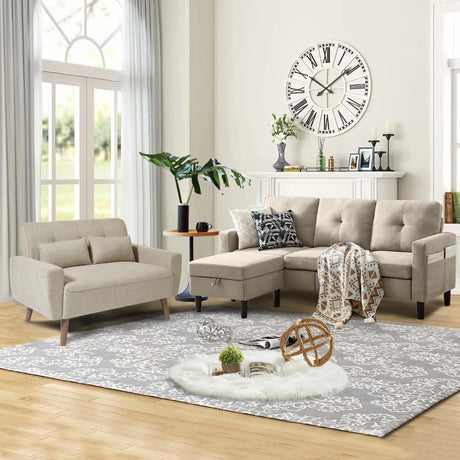 Pingliang Home 2 Piece Comfy Couch Set, 3 Seater & 2-Seater Sofa and Loveseat Set with Ottoman, Modern Sofa Sets for Living Room/Apartment/Office, Beige Pingliang Home