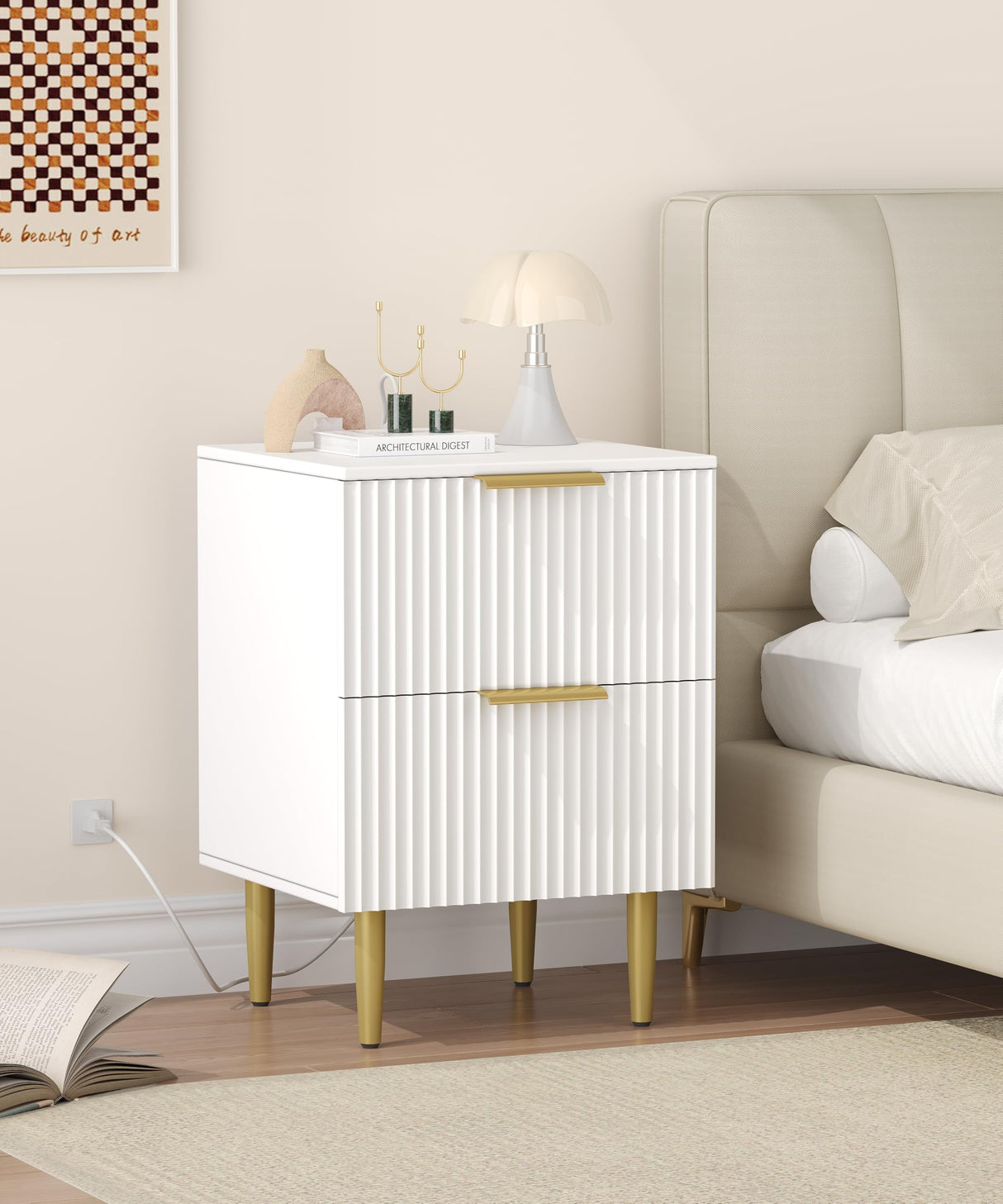 Akxomel White Nightstand Set of 2, Fluted Night Stand with Charging Station, 13.8" D x 15" W x 23.2" H, 2 Drawers Modern Bedside Table with USB Ports and Outlets, Golden Side Table for Bedroom Akxomel