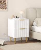 Akxomel White Nightstand Set of 2, Fluted Night Stand with Charging Station, 13.8" D x 15" W x 23.2" H, 2 Drawers Modern Bedside Table with USB Ports and Outlets, Golden Side Table for Bedroom Akxomel