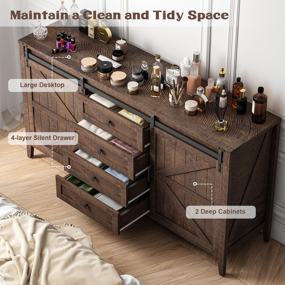 GlouMod Farmhouse 60" Dresser for Bedroom, Long Dresser with Sliding Barn Door, Wide Wood Chest of Drawers, 4 Drawers Dresser Tall TV Stand Buffet Cabinet, Redwood Rustic GlouMod